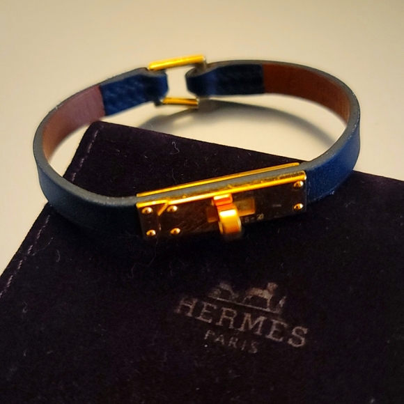 Rare! Hermes Chamonix Kelly Bracelet S Gold Black Leather Velvet Pouch - Picture 2 of 12